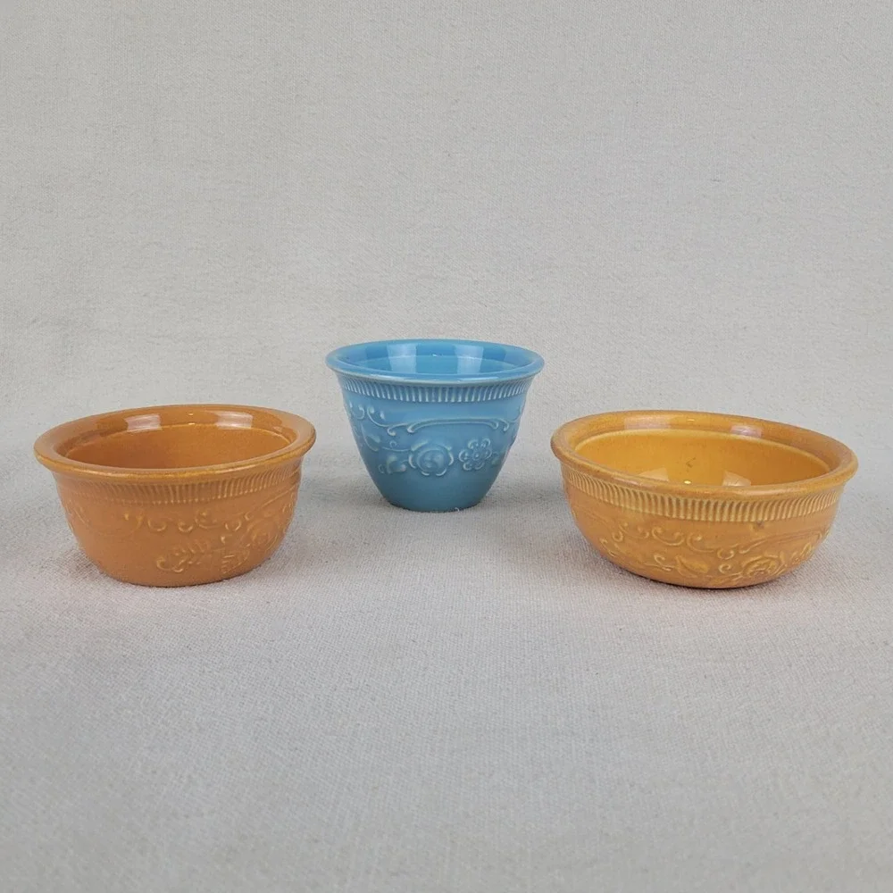 Vintage Homer Laughlin Oven Serve Ceramic Ramekin Custard Set Floral Embossed‎